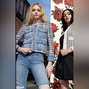 Alice + Olivia Combo Tweed and Denim Patch Pocket Jacket in Blue